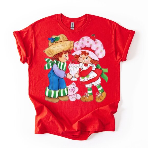 80s Cartoon Strawberry Shortcake & Huckleberry Pie Women's Graphic T-Shirt Red - Picture 1 of 3